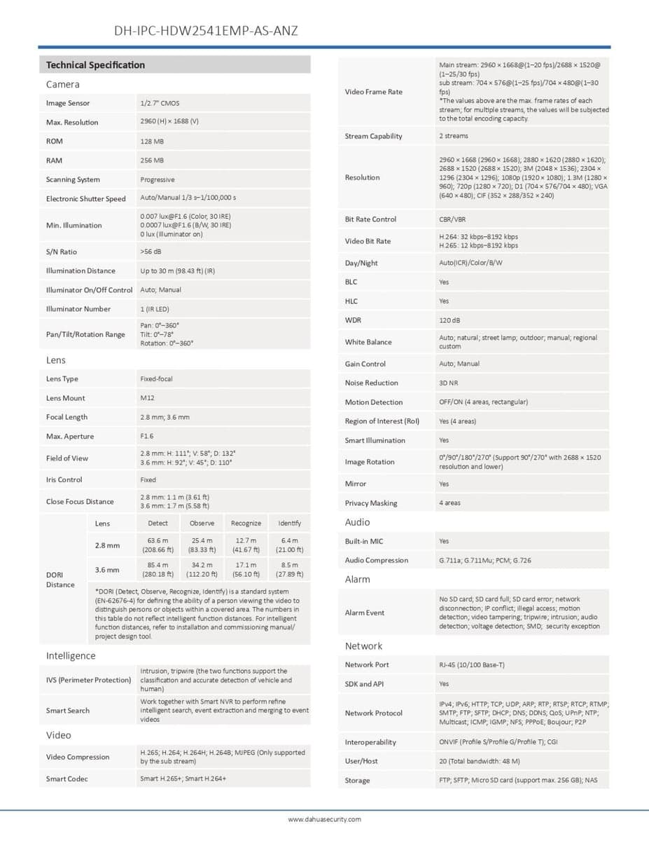 Dahua DH-IPC-HDW2541EMP-AS-ANZ detailed camera specifications