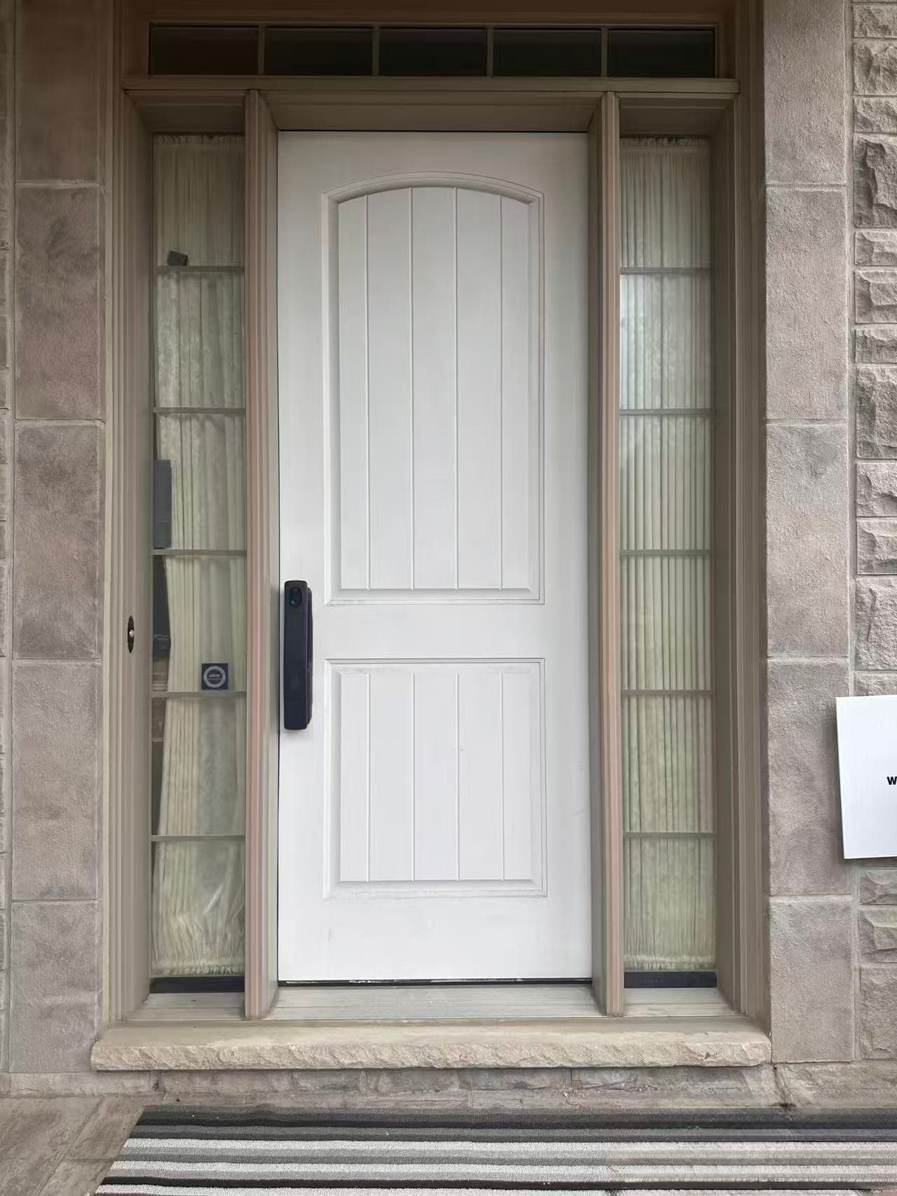Lockin smart lock installed on white front door with sidelights