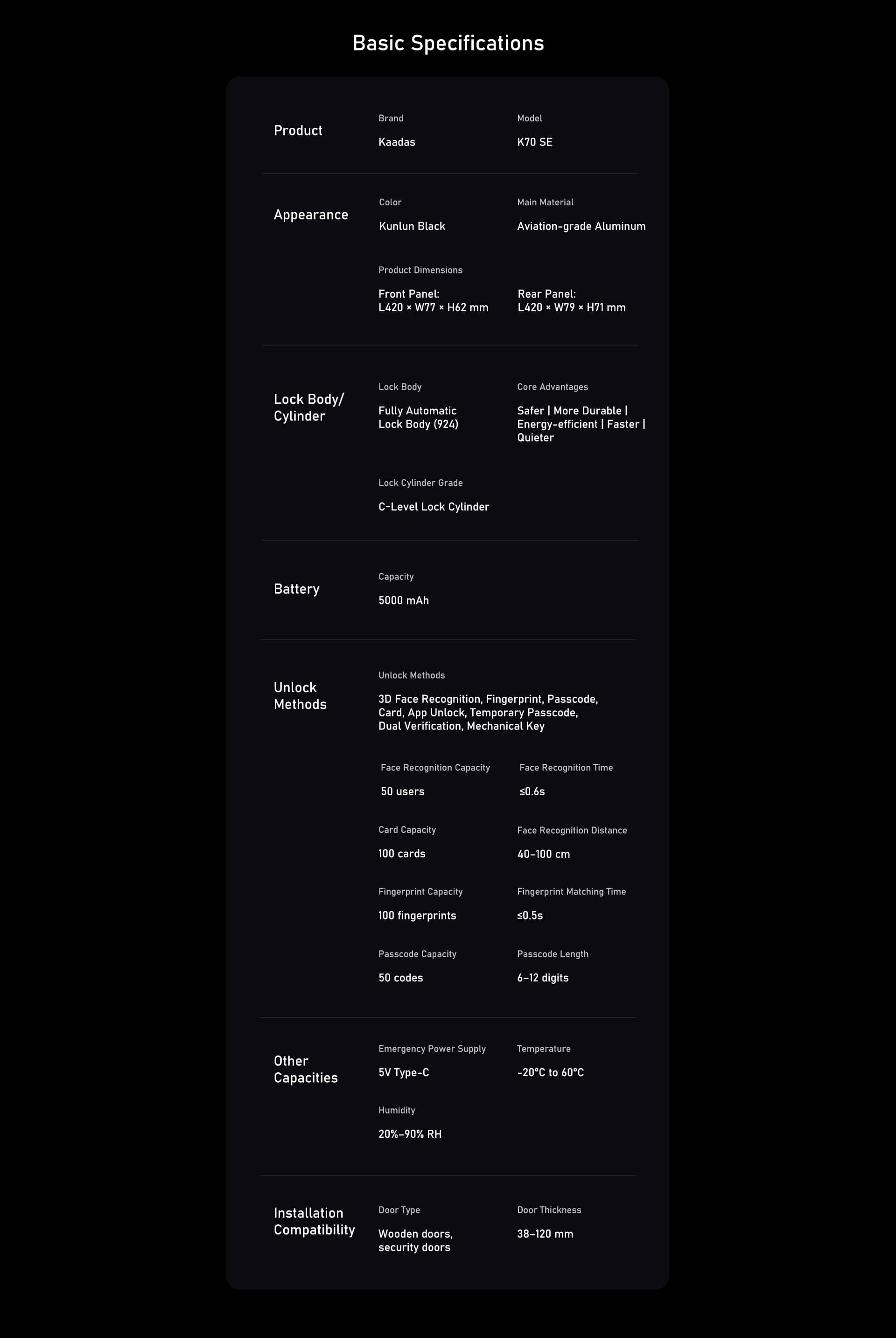 Kaadas K70 SE technical specifications